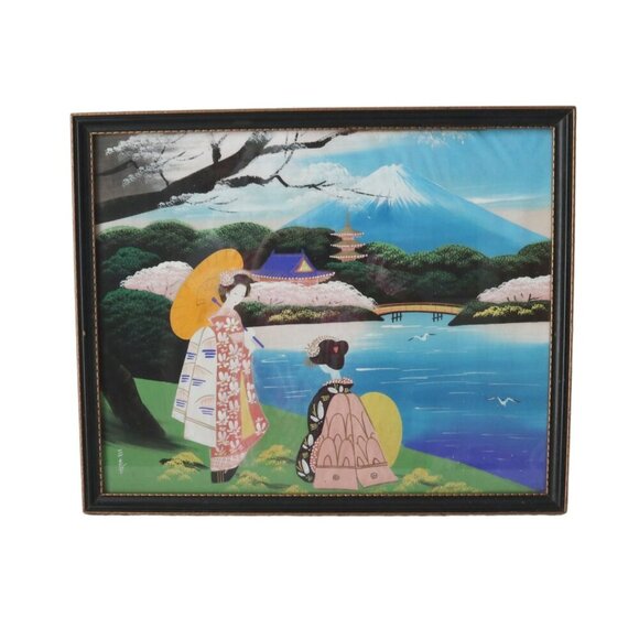 Vintage Japanese Mount Fuji Painting On Silk Geisha Pagoda Cherry Framed - Picture 2 of 8